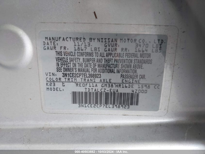 3N1CE2CP7EL398923 2014 Nissan Versa Note S Plus