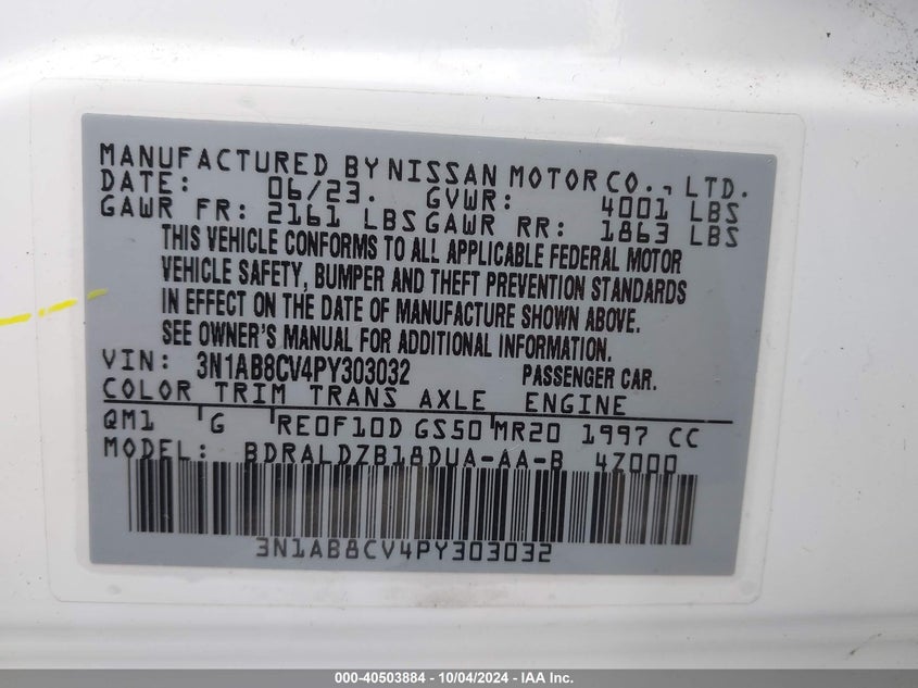 3N1AB8CV4PY303032 2023 Nissan Sentra Sv Xtronic Cvt