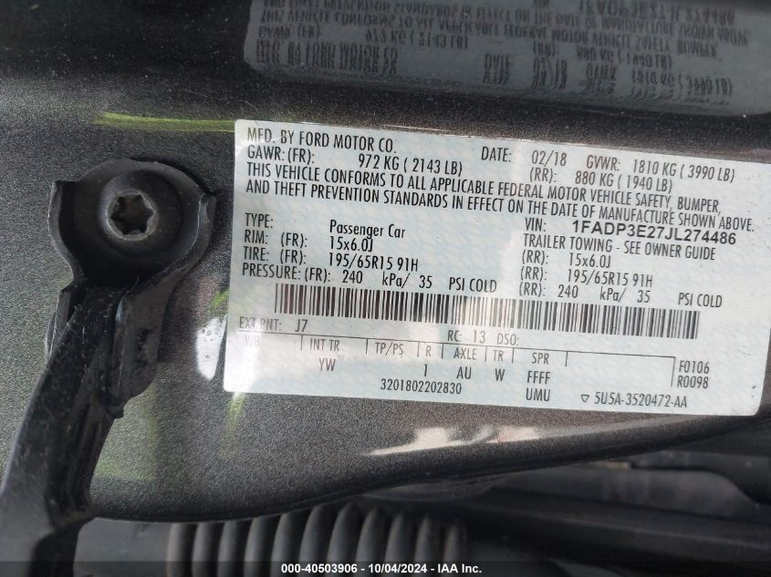 1FADP3E27JL274486 2018 Ford Focus S