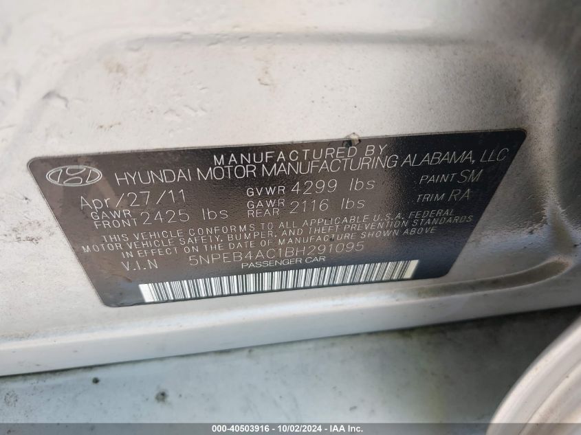 5NPEB4AC1BH291095 2011 Hyundai Sonata Gls