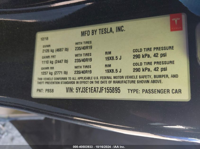 VIN 5YJ3E1EA7JF155895 2018 TESLA MODEL 3 no.9