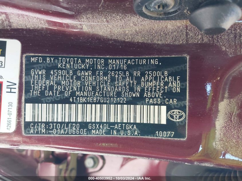 4T1BK1EB7GU212122 2016 Toyota Avalon Xle Plus