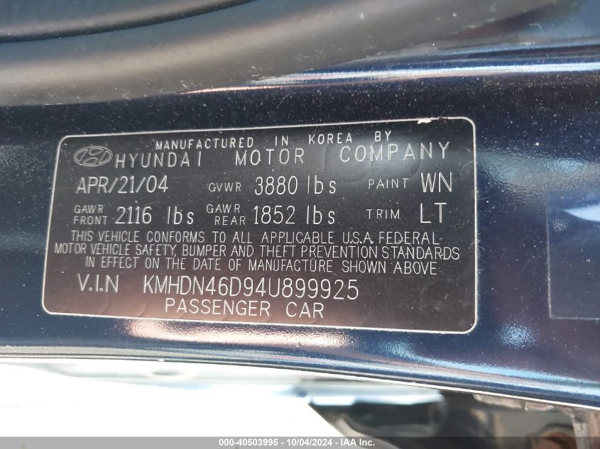 KMHDN46D94U899925 2004 Hyundai Elantra Gls/Gt