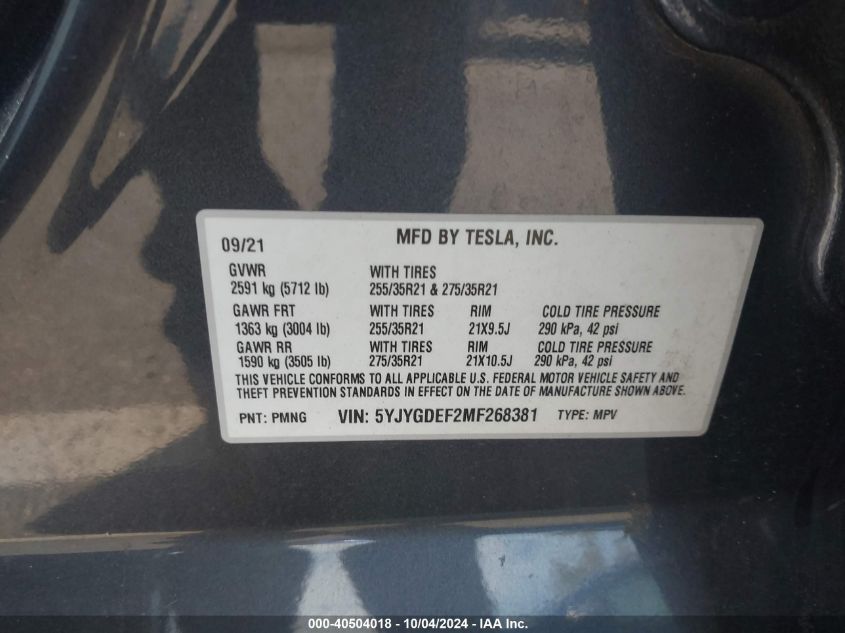 2021 Tesla Model Y Performance Dual Motor All-Wheel Drive VIN: 5YJYGDEF2MF268381 Lot: 40504018