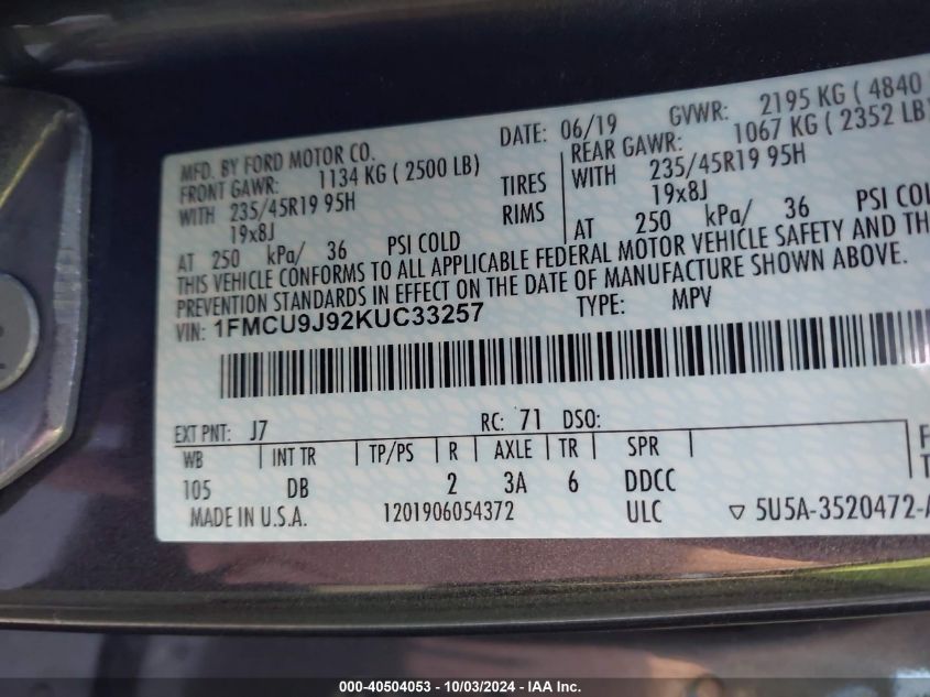 1FMCU9J92KUC33257 2019 Ford Escape Titanium