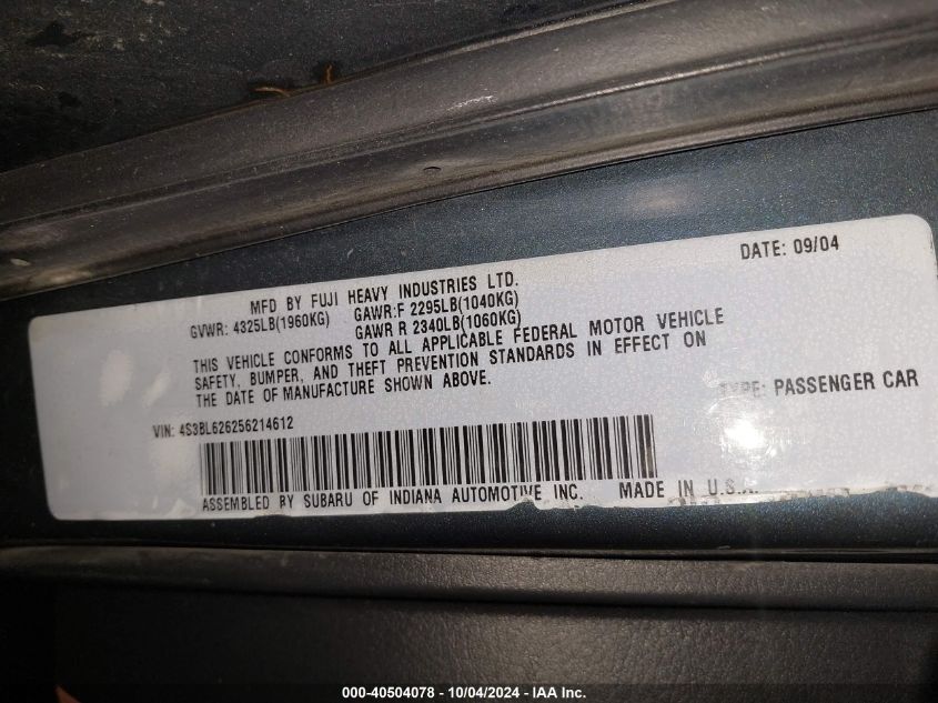 4S3BL626256214612 2005 Subaru Legacy 2.5I Limited