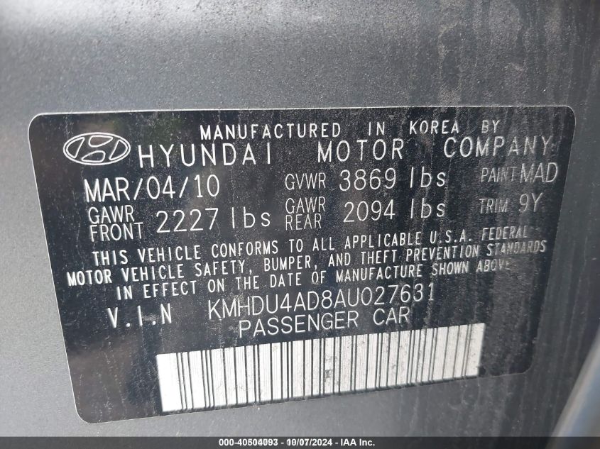 2010 Hyundai Elantra Gls VIN: KMHDU4AD8AU027631 Lot: 40504093