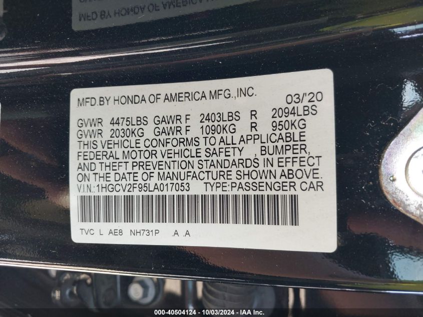 1HGCV2F95LA017053 2020 Honda Accord Touring