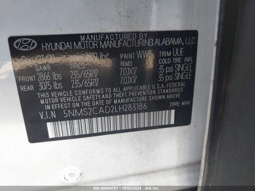 5NMS2CAD2LH283186 2020 Hyundai Santa Fe Se