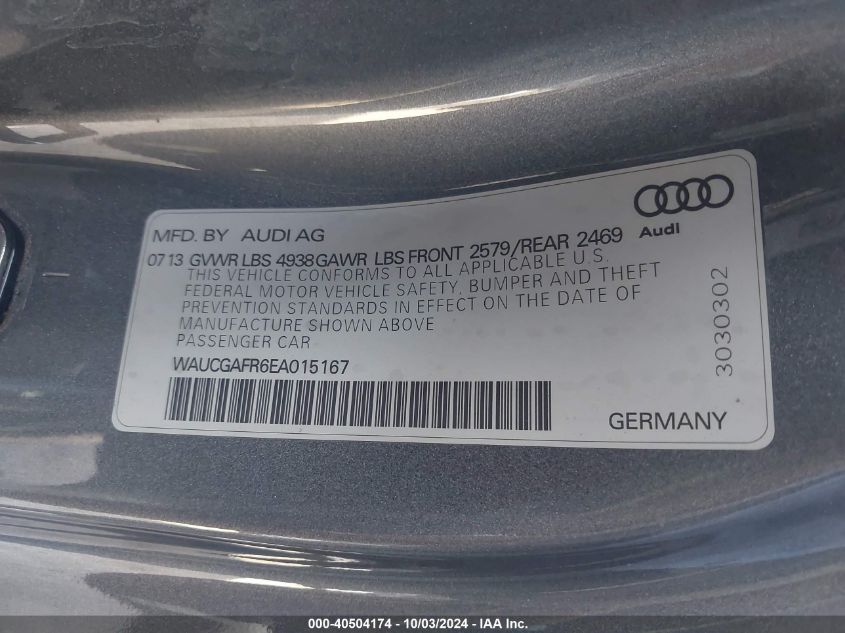 2014 Audi S5 3.0T Premium Plus VIN: WAUCGAFR6EA015167 Lot: 40504174