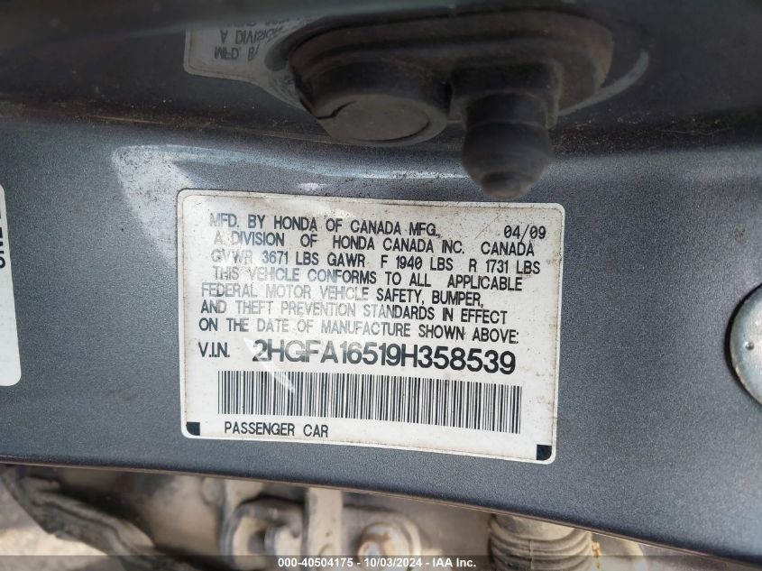 2HGFA16519H358539 2009 Honda Civic Lx