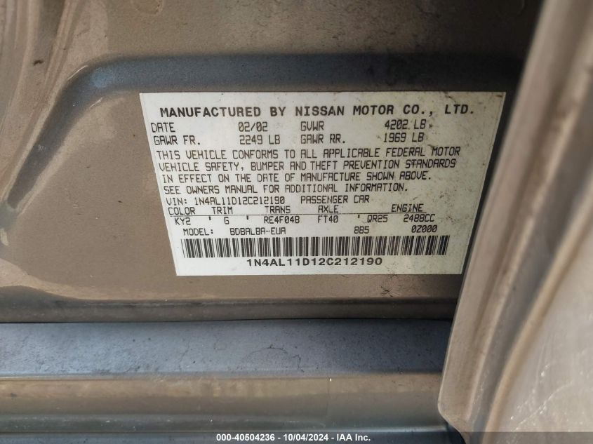 1N4AL11D12C212190 2002 Nissan Altima 2.5 S