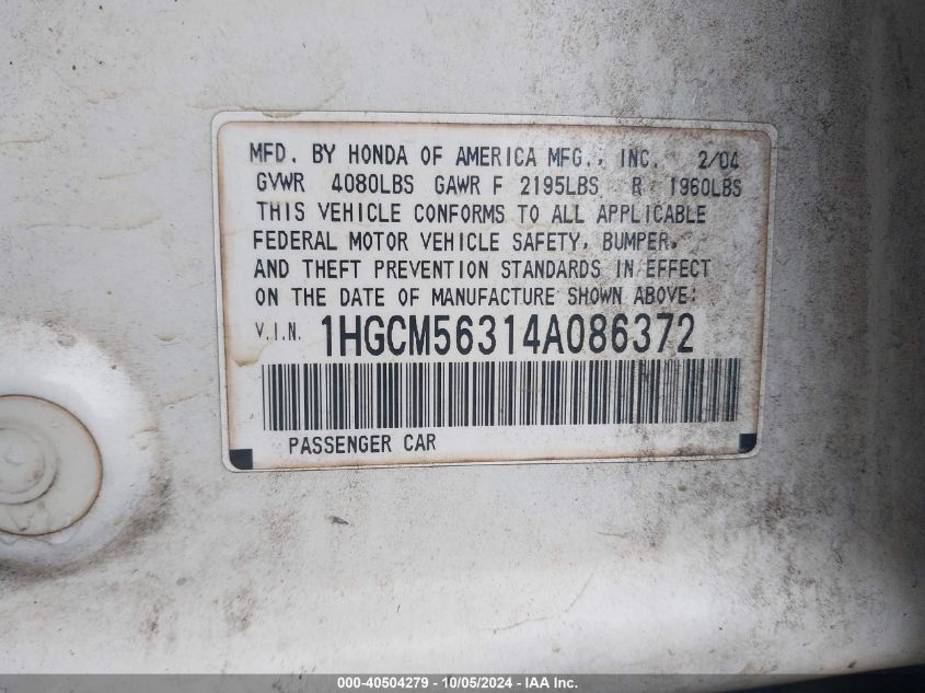 1HGCM56314A086372 2004 Honda Accord Lx