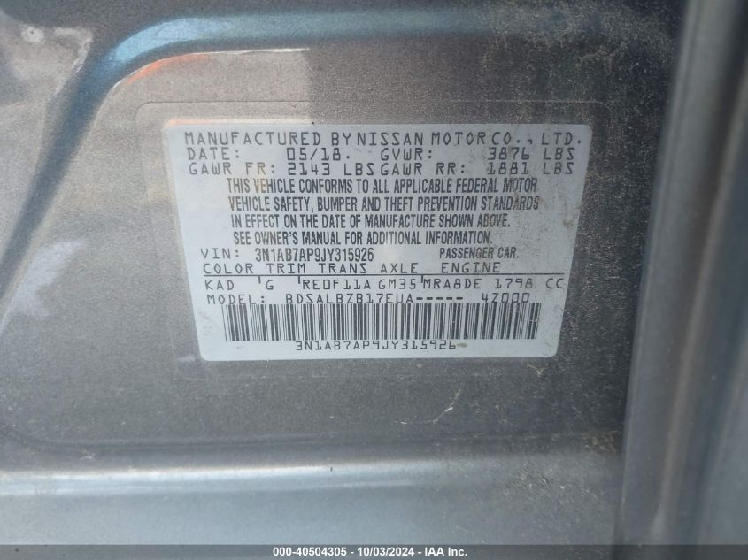 3N1AB7AP9JY315926 2018 Nissan Sentra S