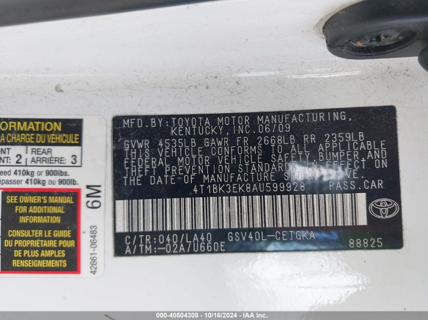 2010 Toyota Camry Xle V6 VIN: 4T1BK3EK8AU599928 Lot: 40504308