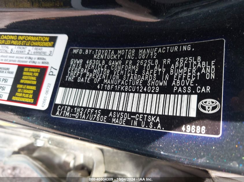 4T1BF1FK8CU124029 2012 Toyota Camry Se