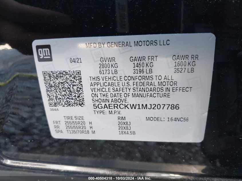 2021 Buick Enclave Fwd Premium VIN: 5GAERCKW1MJ207786 Lot: 40504318