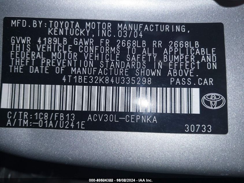 4T1BE32K84U335298 2004 Toyota Camry Le