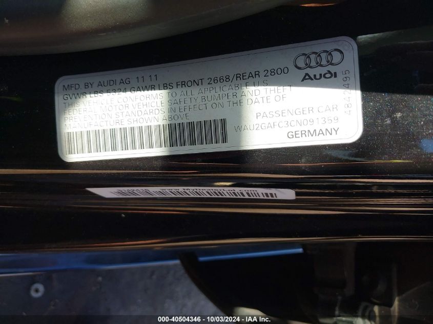 2012 Audi A7 Premium VIN: WAU2GAFC3CN091359 Lot: 40504346