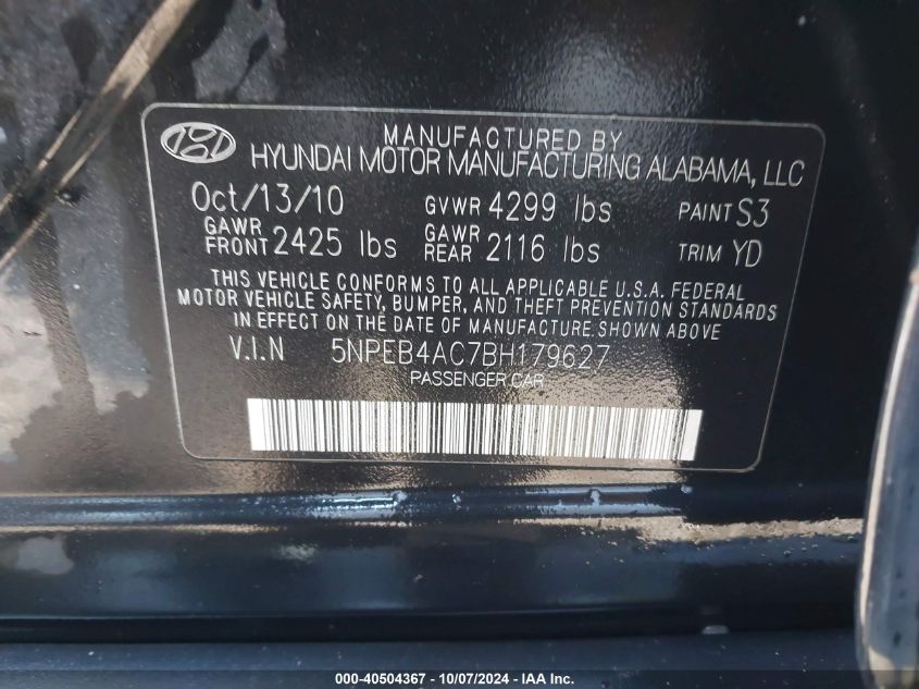 5NPEB4AC7BH179627 2011 Hyundai Sonata Gls