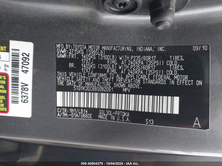 5TDYK3DC6BS082061 2011 Toyota Sienna Xle V6