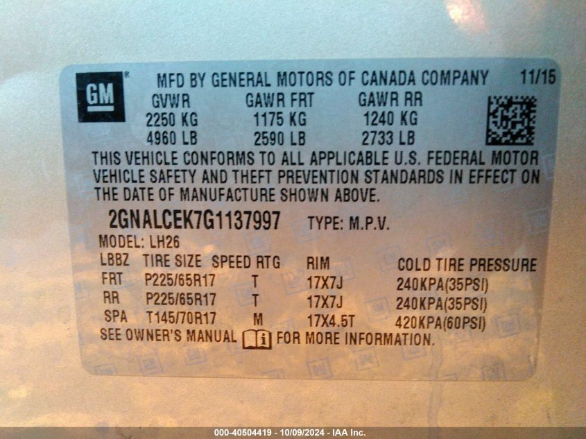 2GNALCEK7G1137997 2016 Chevrolet Equinox Lt