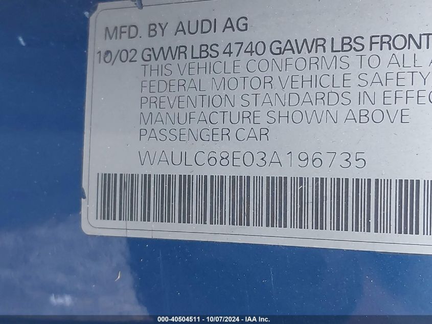 2003 Audi A4 1.8T VIN: WAULC68E03A196735 Lot: 40504511