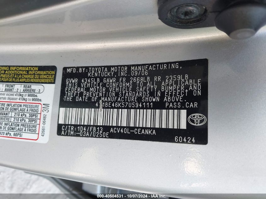 4T1BE46K57U594111 2007 Toyota Camry Ce/Le/Xle/Se