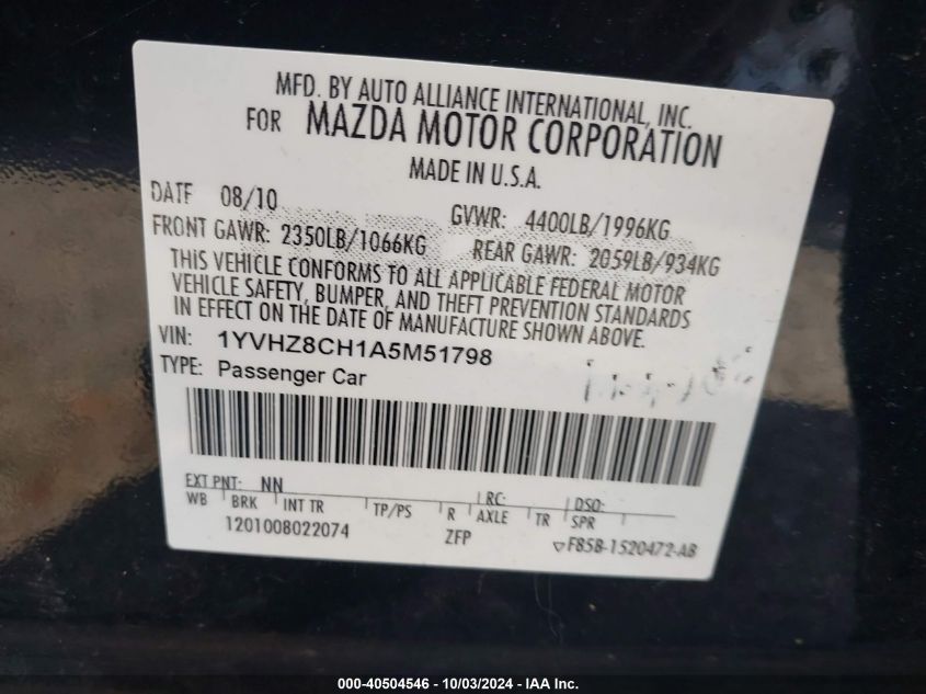 1YVHZ8CH1A5M51798 2010 Mazda Mazda6 I Touring Plus