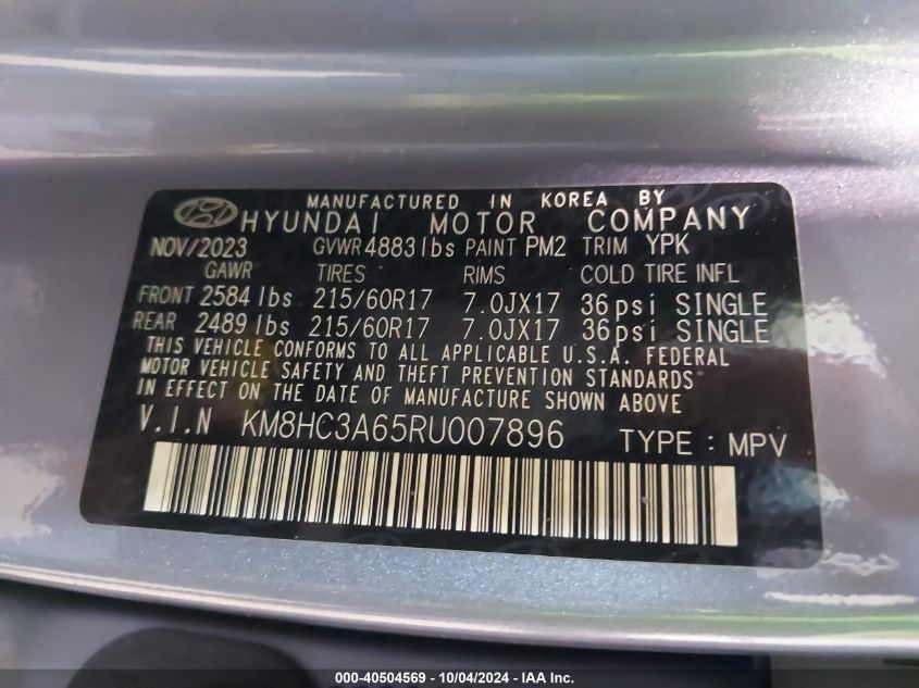 2024 Hyundai Kona Electric Sel VIN: KM8HC3A65RU007896 Lot: 40504569