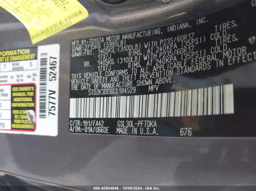 5TDZK3DC6CS184529 2012 Toyota Sienna