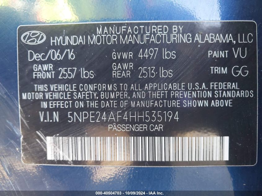 5NPE24AF4HH535194 2017 Hyundai Sonata