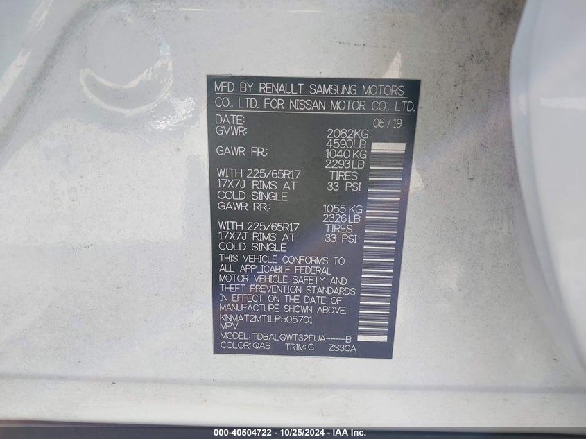 VIN KNMAT2MT1LP505701 2020 NISSAN ROGUE SV FWD