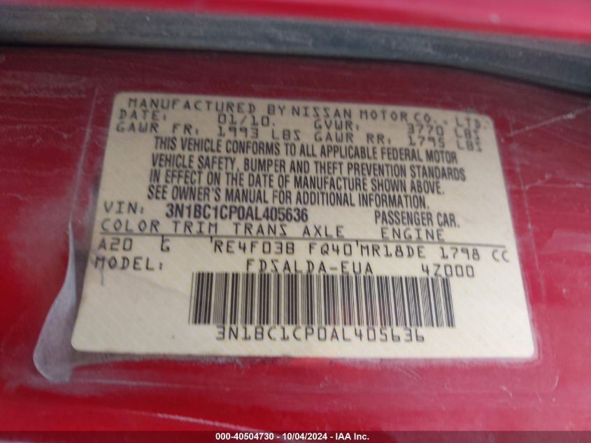 3N1BC1CP0AL405636 2010 Nissan Versa 1.8S