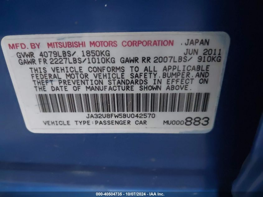 2011 Mitsubishi Lancer Gts VIN: JA32U8FW5BU042570 Lot: 40504735