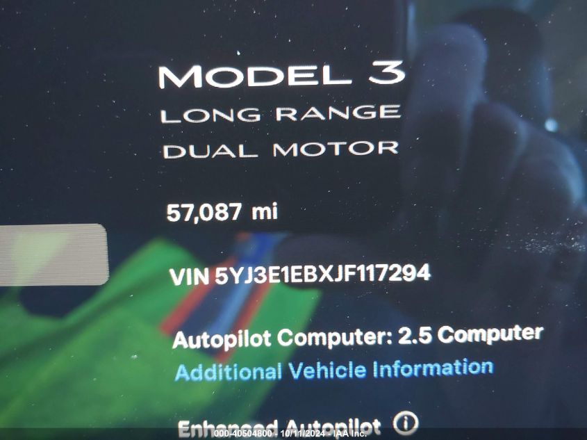 2018 Tesla Model 3 Long Range/Performance VIN: 5YJ3E1EBXJF117294 Lot: 40504800