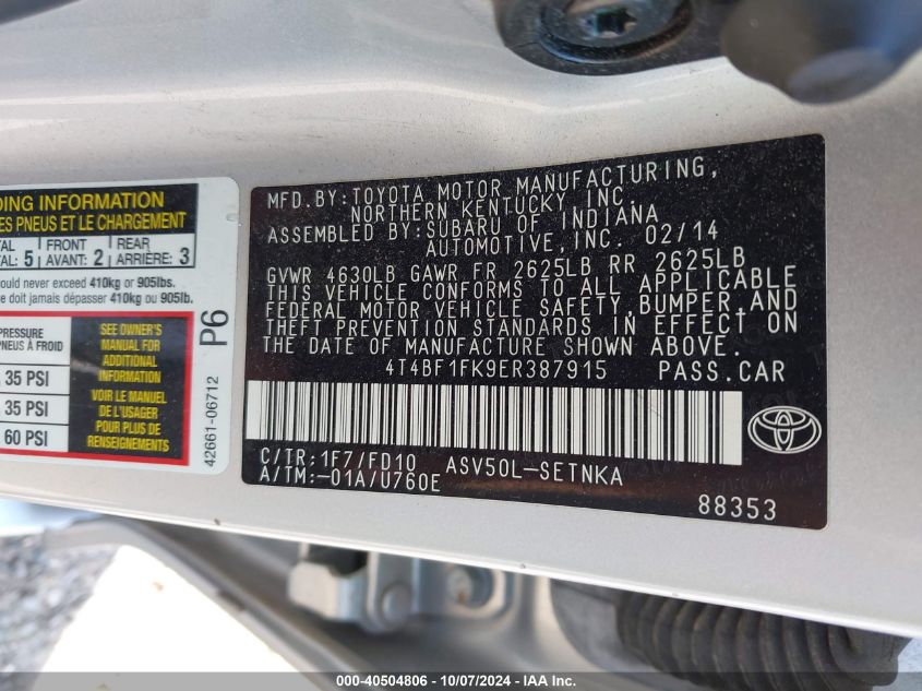 4T4BF1FK9ER387915 2014 Toyota Camry Le