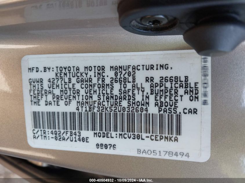 4T1BF32K52U032604 2002 Toyota Camry Le/Xle/Se