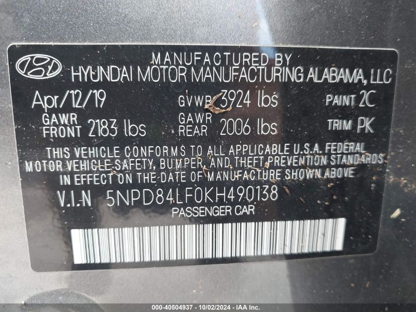 5NPD84LF0KH490138 2019 Hyundai Elantra Sel