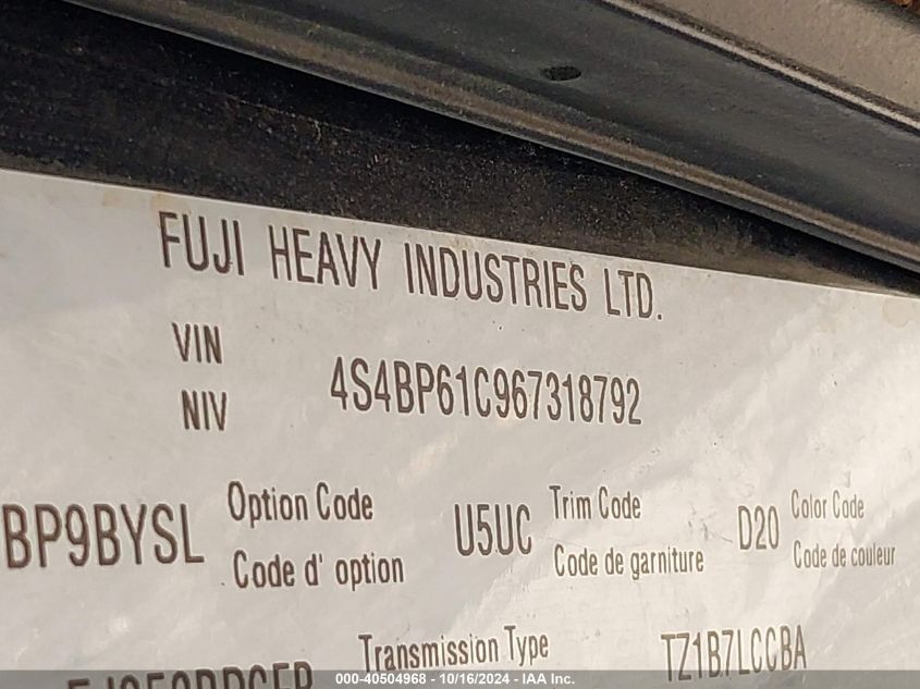 2006 Subaru Outback 2.5I VIN: 4S4BP61C967318792 Lot: 40504968