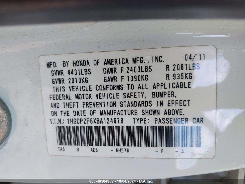 1HGCP2F8XBA124678 2011 Honda Accord 2.4 Ex-L