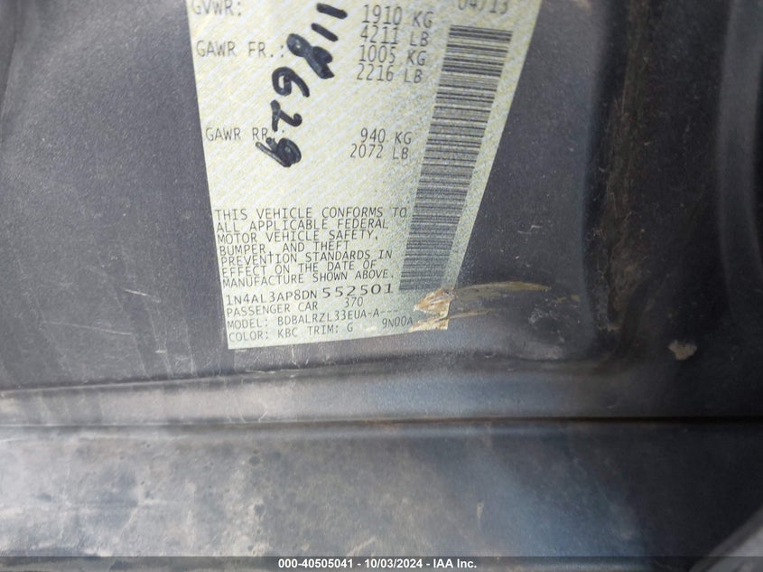 1N4AL3AP8DN552501 2013 Nissan Altima 2.5 S