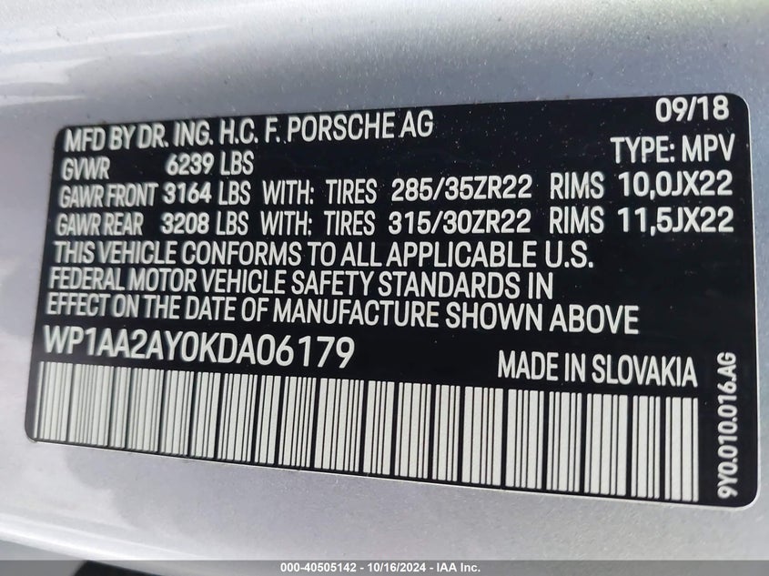 2019 PORSCHE CAYENNE - WP1AA2AY0KDA06179