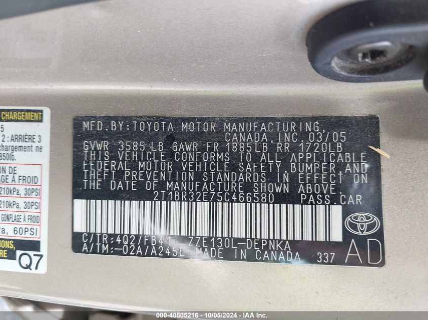 2T1BR32E75C466580 2005 Toyota Corolla Le