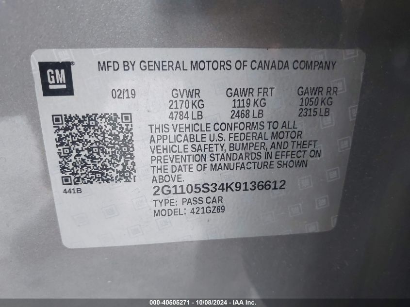 2G1105S34K9136612 2019 Chevrolet Impala Premier