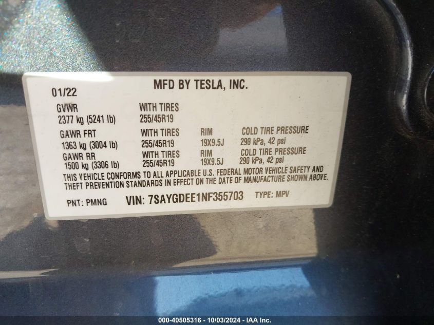 2022 Tesla Model Y Long Range Dual Motor All-Wheel Drive VIN: 7SAYGDEE1NF355703 Lot: 40505316