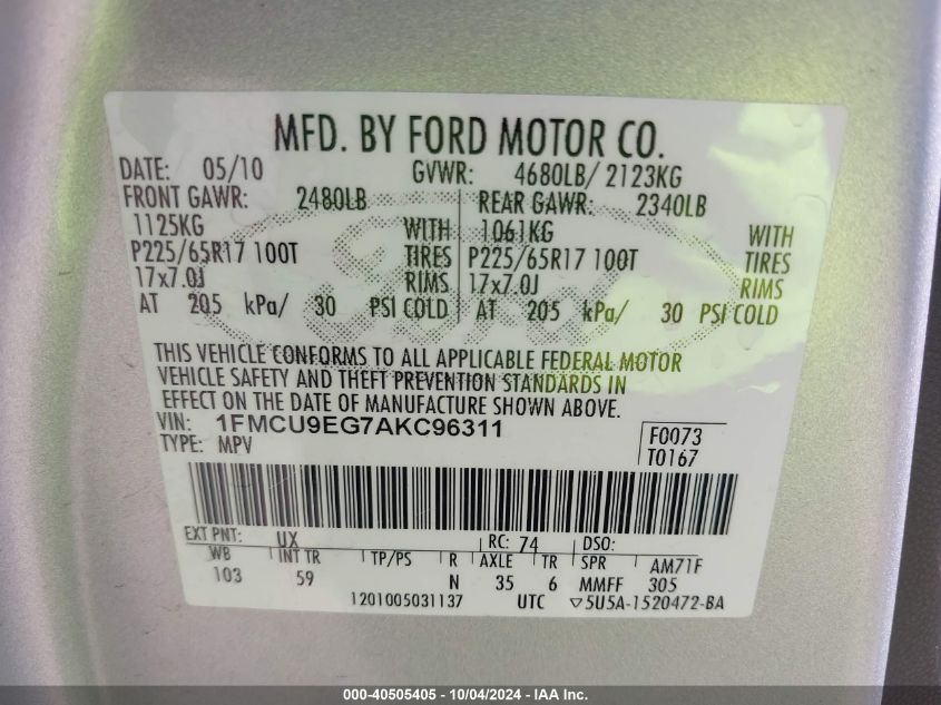 1FMCU9EG7AKC96311 2010 Ford Escape Limited