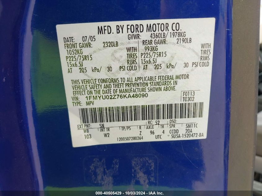 1FMYU02Z76KA48090 2006 Ford Escape Xls/Xls Manual