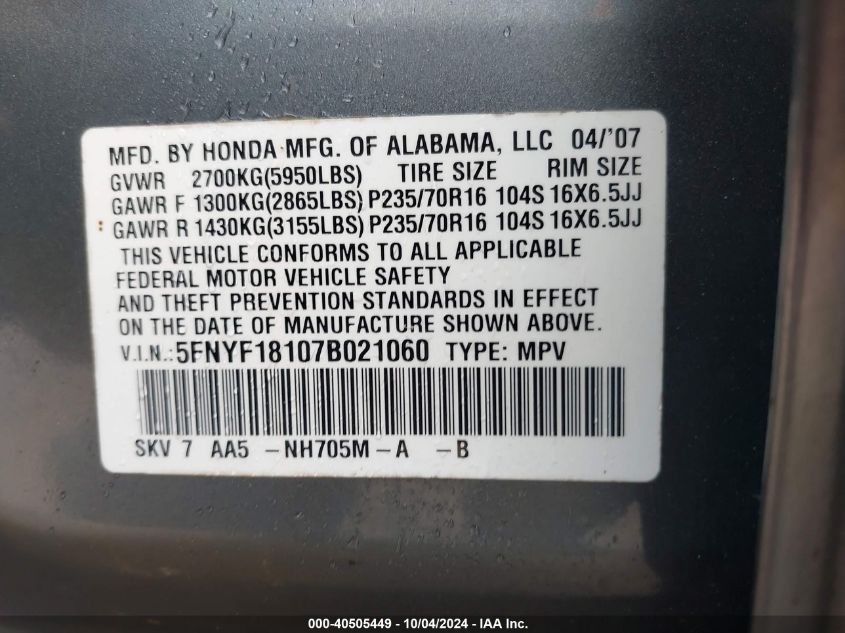 2007 Honda Pilot Lx VIN: 5FNYF181073021060 Lot: 40505449