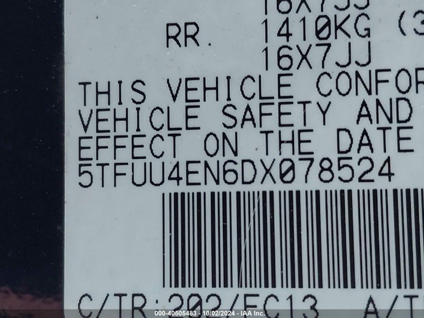 2013 Toyota Tacoma Base V6 VIN: 5TFUU4EN6DX078524 Lot: 40505483